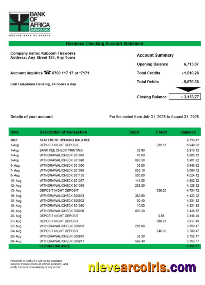 Bank of Africa corporate checking account statement